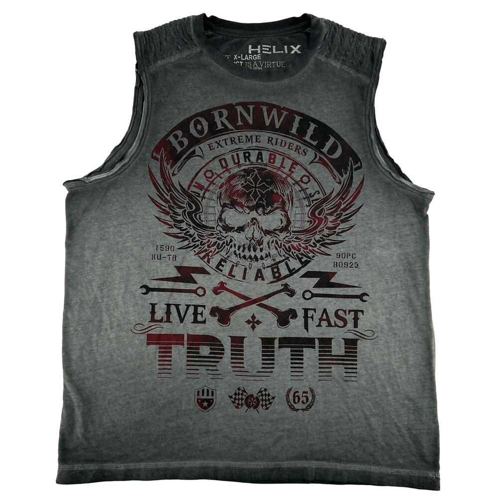 Vintage y2k Mens Grey Red Helix Skull Wings Tank Top Cut Off Sleeveless Shirt XL
